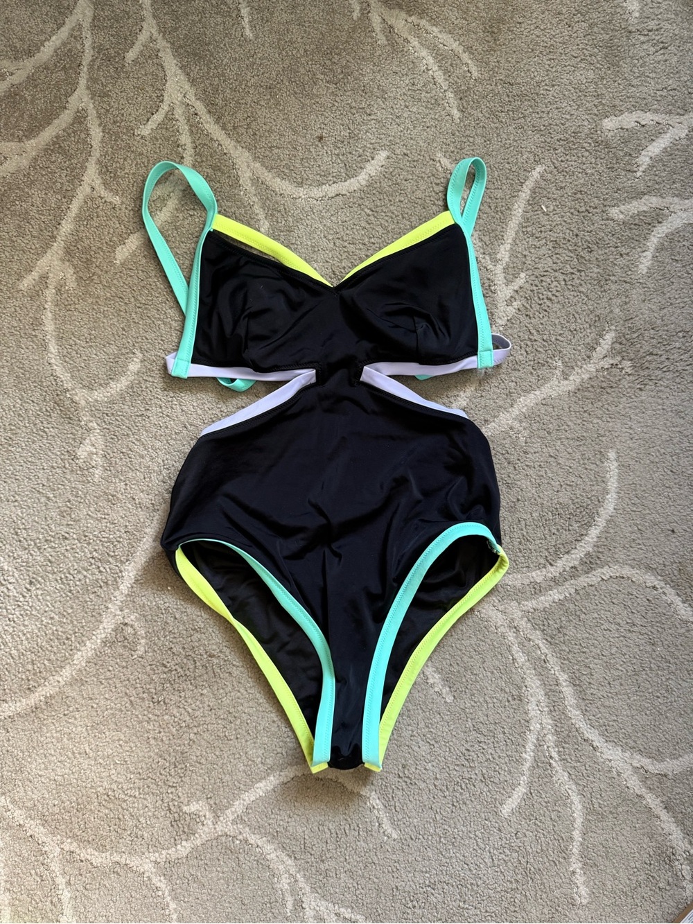 Victoria's Secret Black One-Piece with Neon Yellow and Aqua Trim